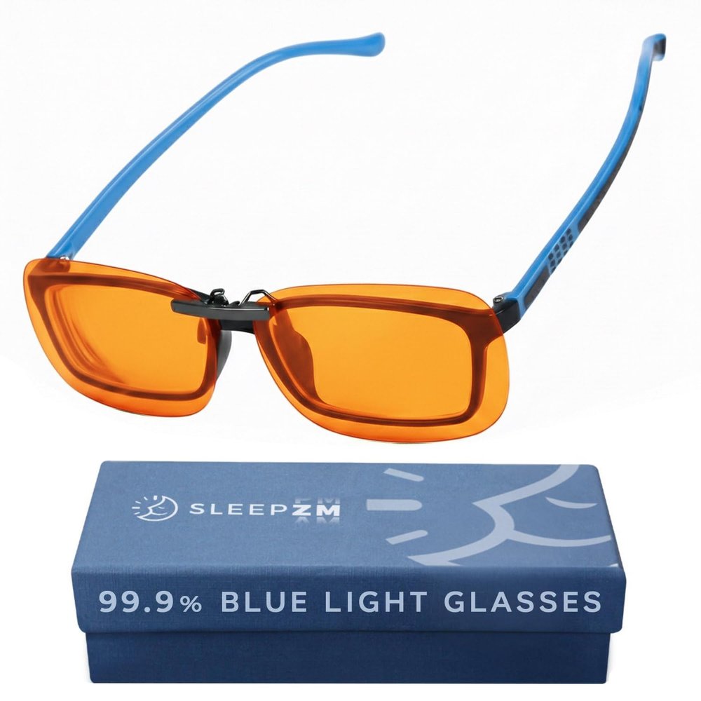 Sleep ZM 100% Clip On Blue Light Blocking Glasses - Better Sleep Anti Eye Strain - Computer Gaming for Women Men - Metal - 99% Night-time Amber Lens