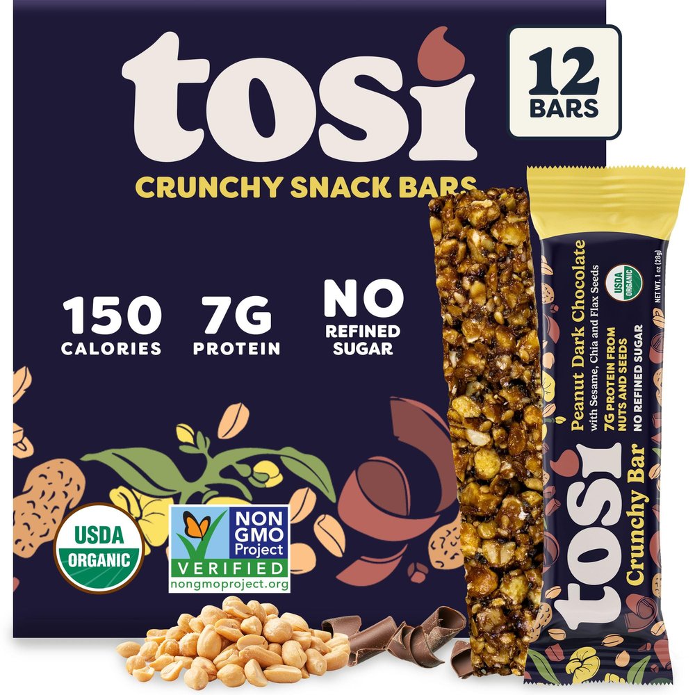 Tosi Nut Bars, Peanut Dark Chocolate, Healthy Snacks for Adults & Kids, Plant Based Crunchy Bars (7G Protein), Organic Keto Snacks, Vegan, Gluten & Soy Free, Low Sugar, Omega 3s, 1oz, 12-Pack