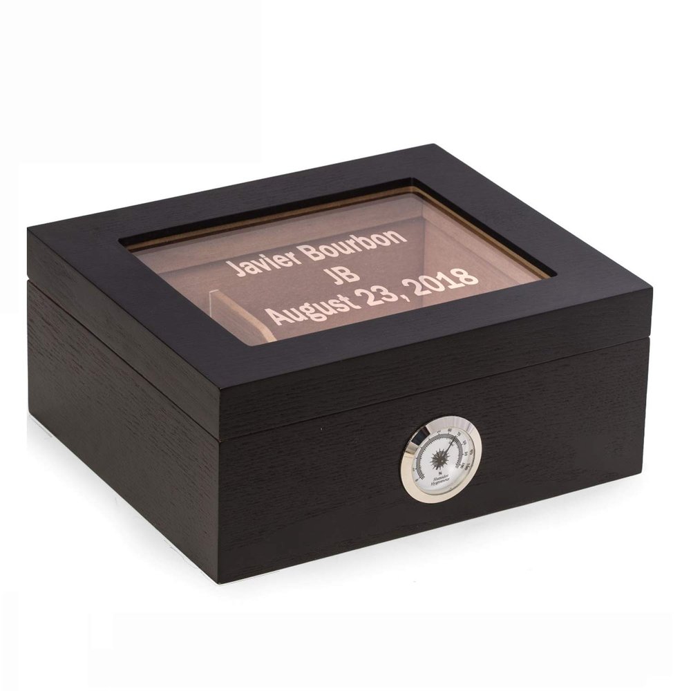 Bey-Berk Personalized 50-Cigar Humidor with Glass Display Top, Espresso Walnut Wood with Spanish Cedar Lining, Hygrometer and Humidifier