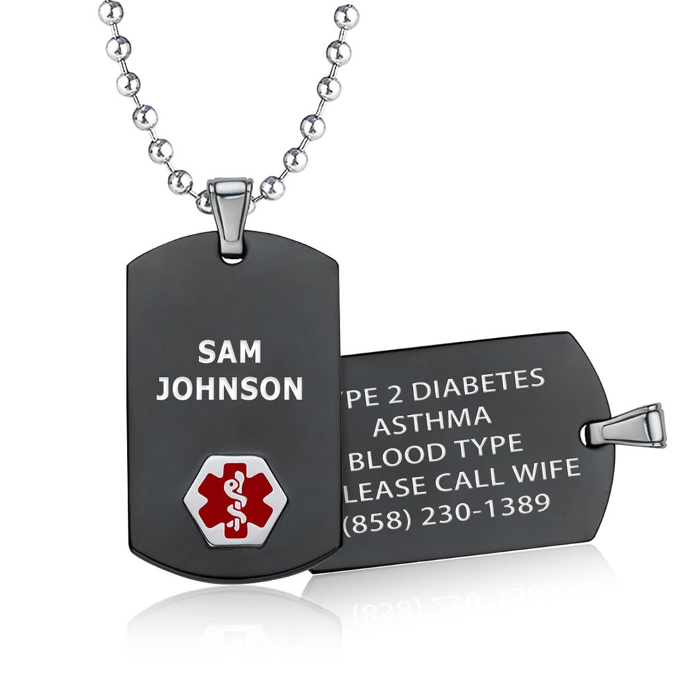 Divoti Custom Medical Alert ID Necklace for Men, Stylish Durable Rustproof Construction | Laser Engraved Chic Black & Silver Tag Pendant Jewelry 28' Ball Chain/Red