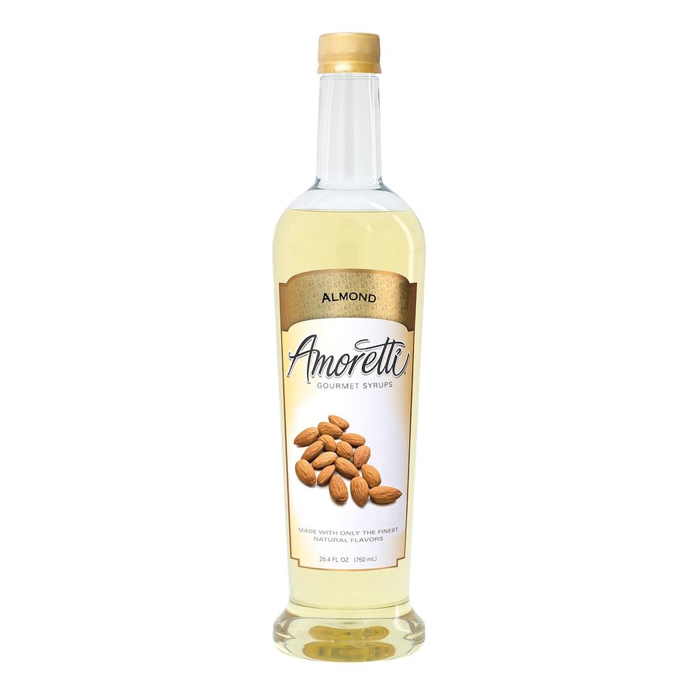 Amoretti - Almond Gourmet Syrup 750 ml, Flavor Coffees, Teas, Cocktails, & other Beverages, and Drizzle on Desserts, Gluten Free, GMO/GEO Free, Preservative Free, 94 Servings Per Bottle