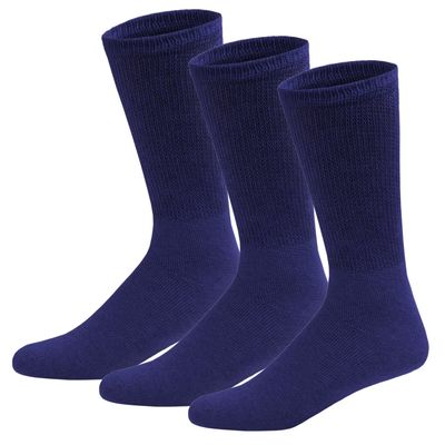 3 Pairs of Cotton Diabetic Neuropathy Crew Socks (10-13, Fits Mens shoe size 9-12, Navy)