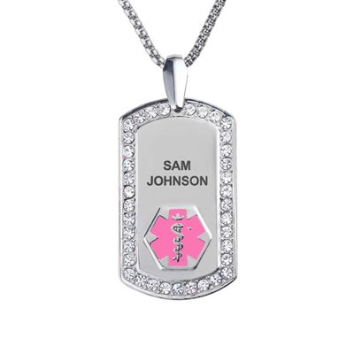 Divoti Pure Titanium Medical Alert Necklace for Women, Custom Engraved Supreme Dog Tag Medical ID Necklace-28' Square Rolo/Pink