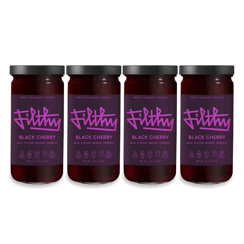 Filthy Food Black Amarena Cherries - Premium Cocktail Cherry Garnish - Non-Gmo & Gluten Free - 8oz Jar, 4 Count