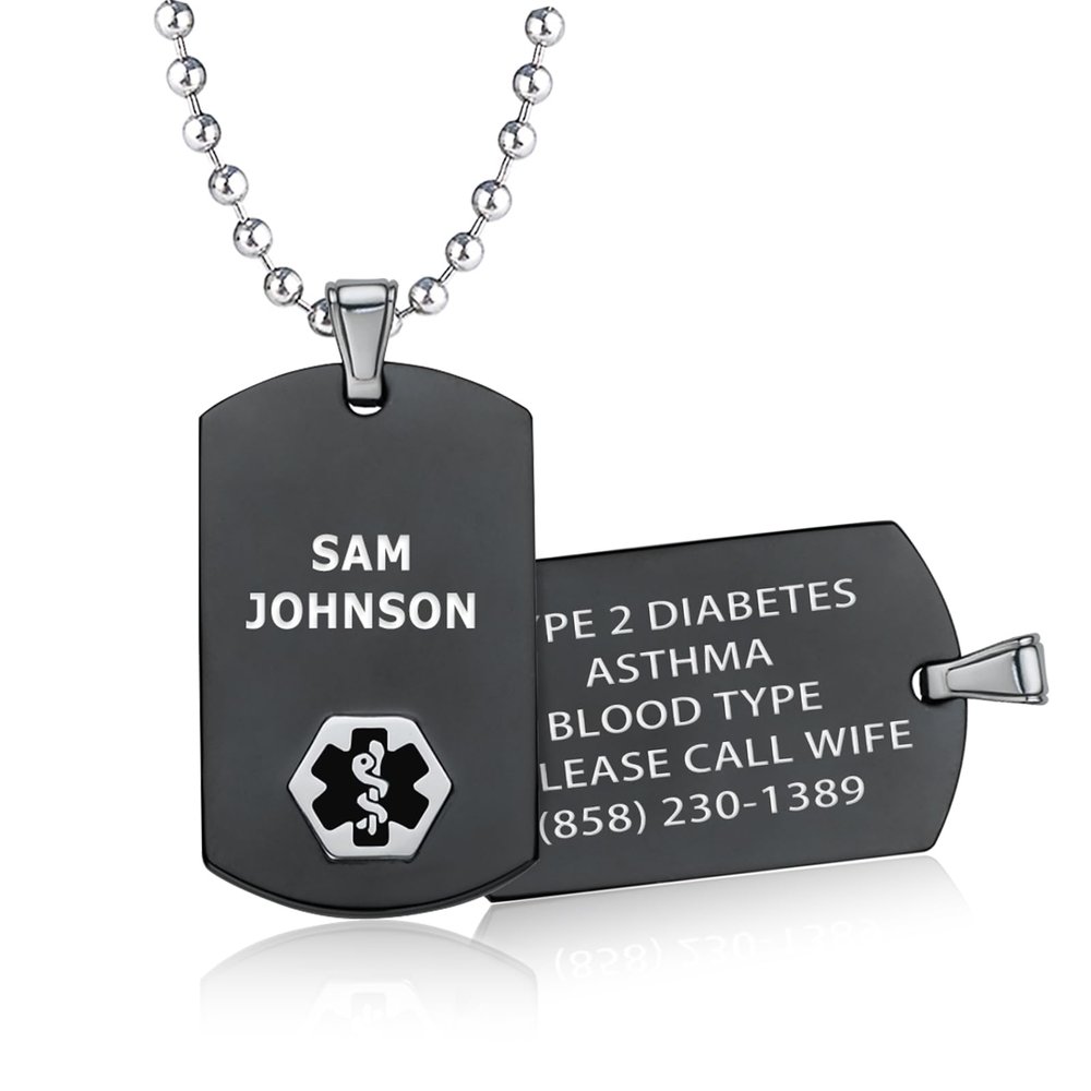 Divoti Custom Medical Alert ID Necklace for Men, Stylish Durable Rustproof Construction | Laser Engraved Chic Black & Silver Tag Pendant Jewelry 28' Ball Chain/Black