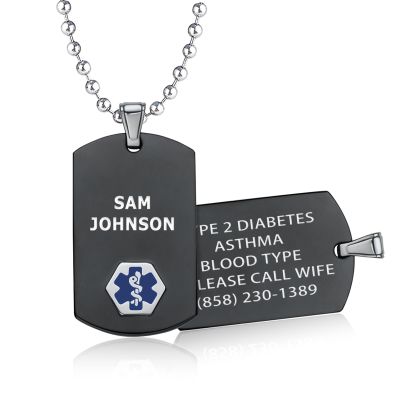 Divoti Custom Medical Alert ID Necklace for Men, Stylish Durable Rustproof Construction | Laser Engraved Chic Black & Silver Tag Pendant Jewelry 28' Ball Chain/Blue