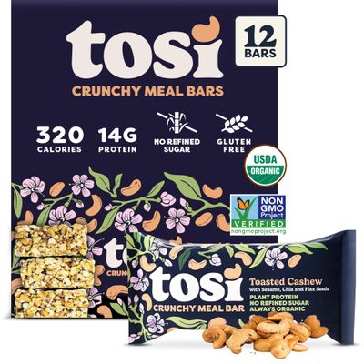 Tosi Meal Nut Bars, Cashew, Healthy Snacks for Adults & Kids, Crunchy Plant Based Protein Bar (14G), Keto Snacks, Vegan, Gluten & Soy Free, Low Sugar, Omega 3s, 2.4oz, 12-Pack