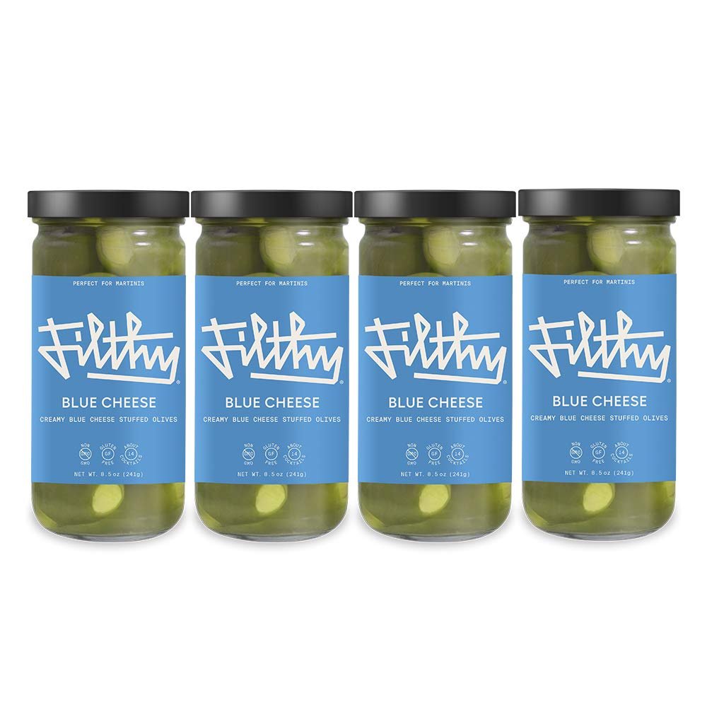 Filthy Food Filthy Blue Cheese Stuffed Olives - Premium Martini Garnish - Non-GMO & Gluten Free - 8oz Jar, 4 Count
