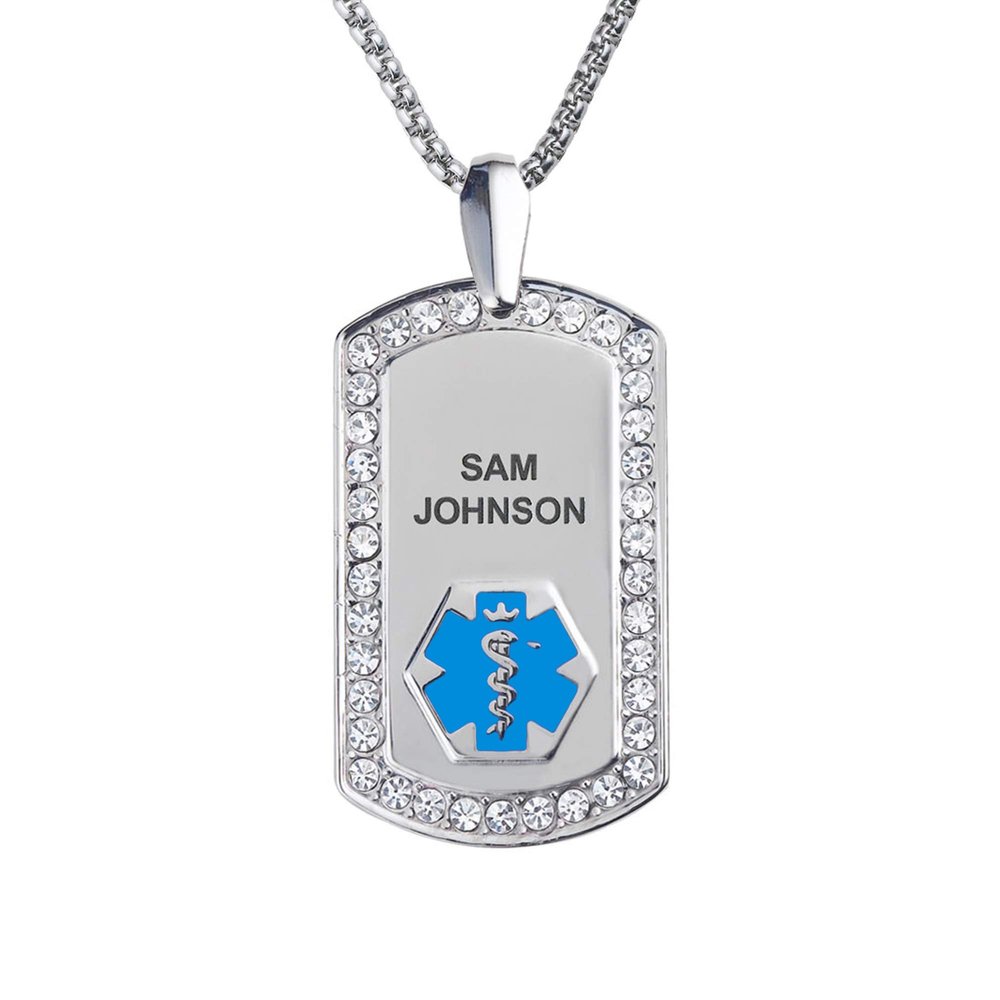 Divoti Pure Titanium Medical Alert Necklace for Women, Custom Engraved Supreme Dog Tag Medical ID Necklace-28' Square Rolo/Light Blue