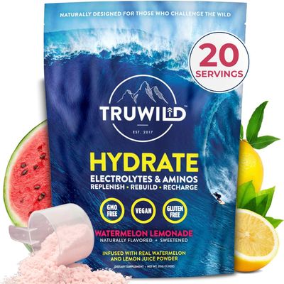TruWild Natural Hydration Powder with Zero Sugar, Vegan Electrolytes + Amino Acids, Recovery Drink for Everyday Use, Post Workout Muscle Support Supplement with Magnesium (Watermelon Lemonade)