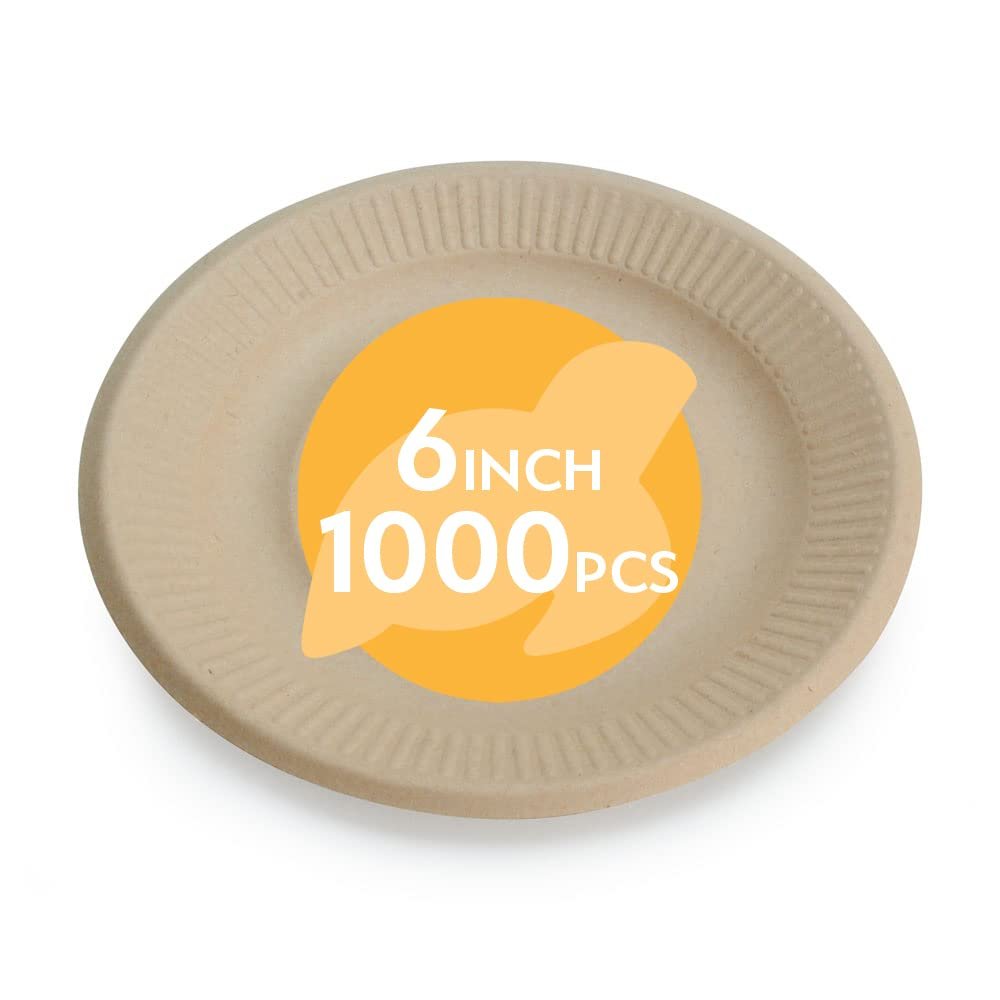 100% Compostable Disposable Paper Plates Bulk [6" 1000 Pack], Bamboo Plates, Eco Friendly, Biodegradable, Sturdy Small Dessert Party Plates, Heavy-Duty, Unbleached by Earth's Natural Alternative