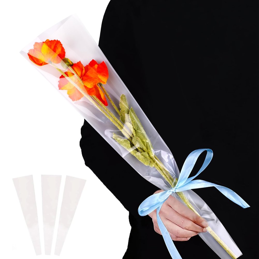 AUEAR, 100 Pack Single Rose Packaging Bags White Flower Wrapping Bouquet Wrappers