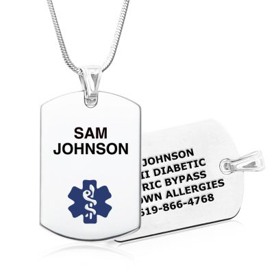 Divoti Custom Engraved Stainless Steel Medical Alert ID Necklace | Personalized Lobster Clasp with Snake chain | Stylish, Durable & Heavy Duty Construction | Comfortable Fit for Daily Wear  28/Blue