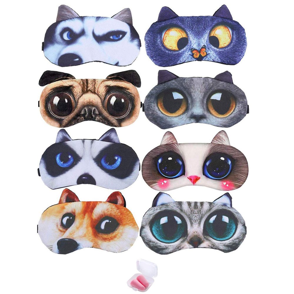 Booluee 8 Pcs Cute Cartoon Animal Sleep Eye Mask Cat Dog Sleep Mask Soft Comfortable Blindfold Eye Cover Eyeshade with Earplugs for Kids Men Women Plane Travel Nap Night Sleeping (4 Dog+4 Cat)