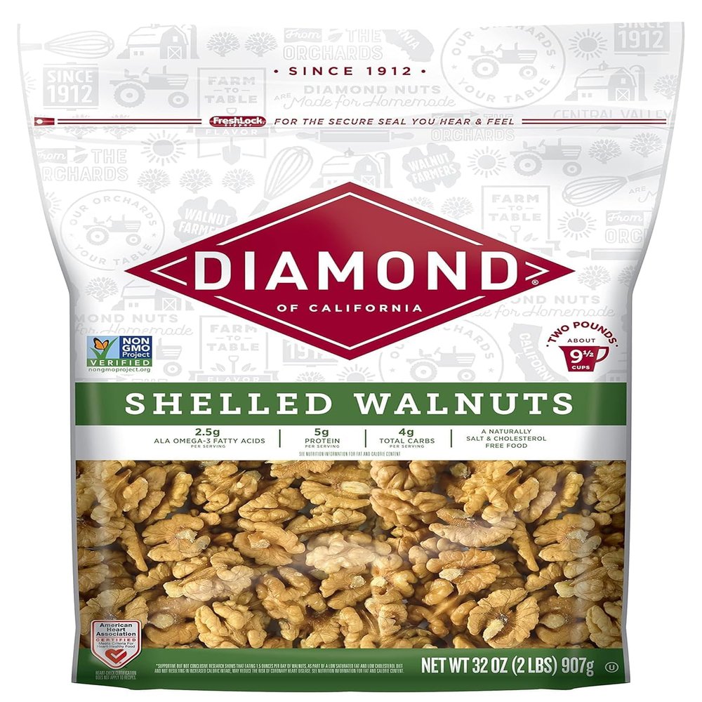 Diamond of California Shelled Walnut Halves and Pieces, Pre-Shelled Raw Walnuts for Baking, Snacking and Salads, 32 oz.