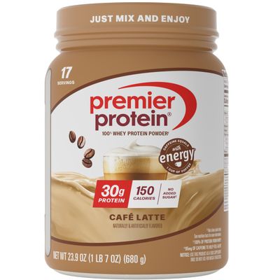 Premier Protein Powder, Caf Latte, 30g Protein, No Added Sugar, 100% Whey Protein, Keto Friendly, Soy & Gluten Free, 95mg Caffeine for Energy, 23.9 oz, 17 Servings (Packaging May Vary)