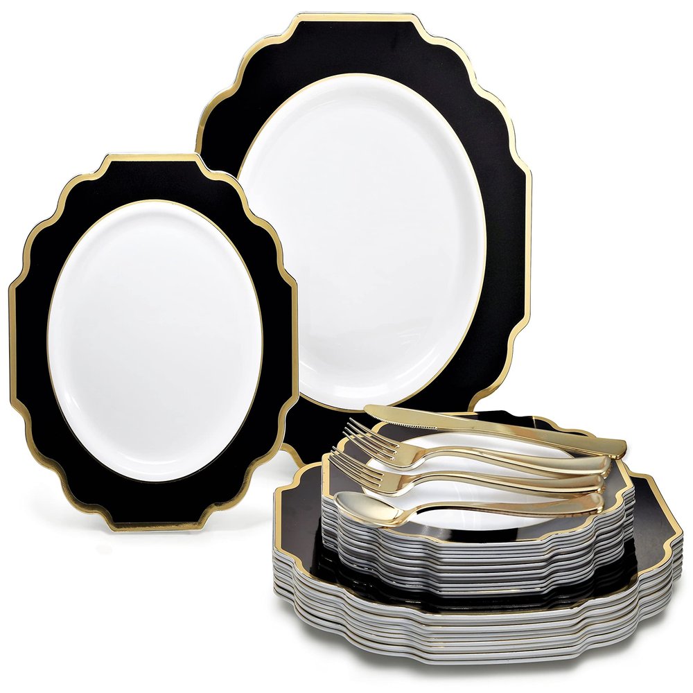 " OCCASIONS " 150 Piece set (25 Guests)-Wedding Plastic Plates & cutlery -Disposable heavyweight Dinnerware 10.5'', 8'' + Silverware w/double fork (Imperial in White/Black & Gold)
