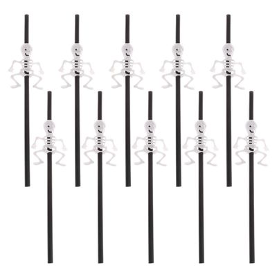 Amosfun 10Pcs Halloween Drinking Straws Black Straight Straws Skeleton Body for Party Bar