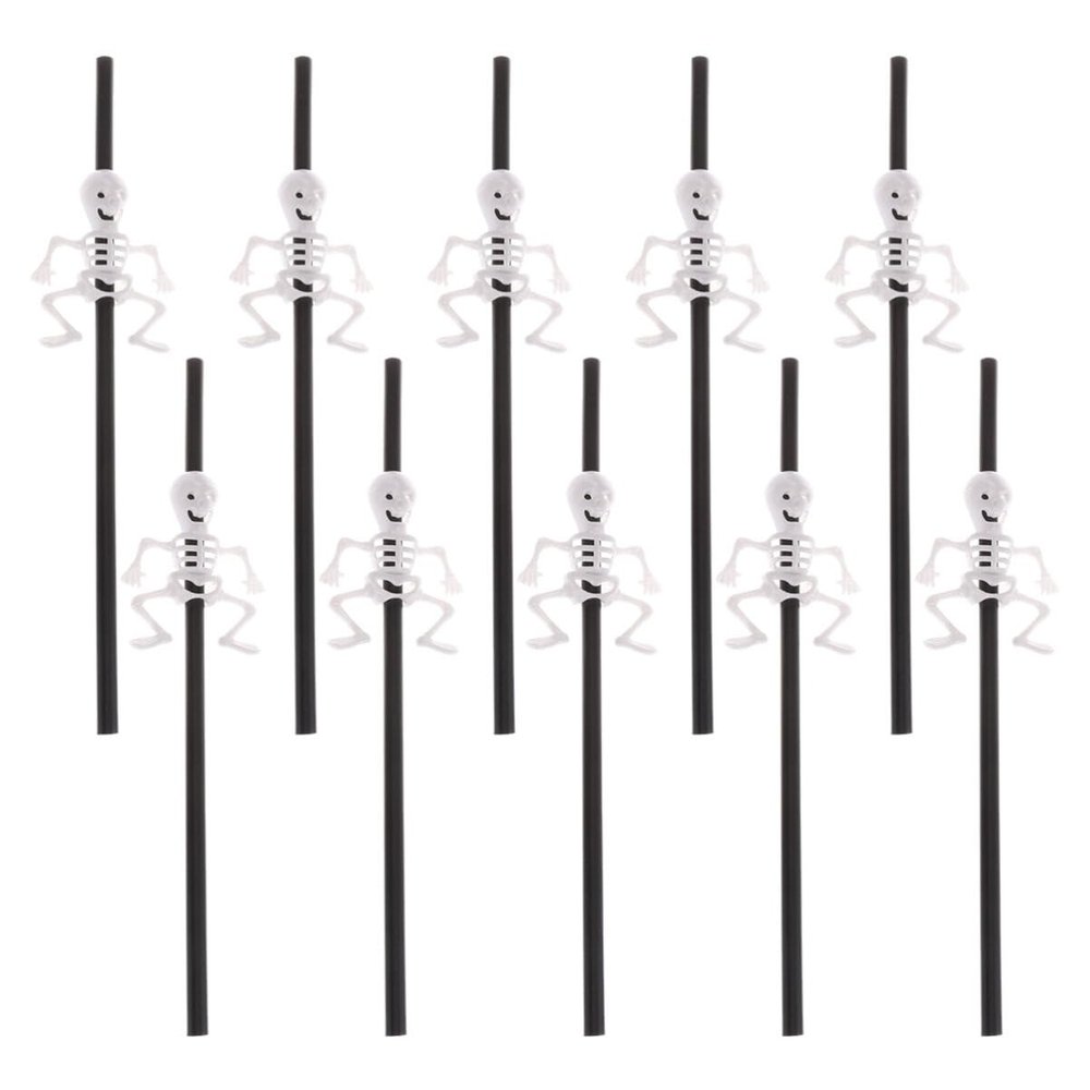 Amosfun 10Pcs Halloween Drinking Straws Black Straight Straws Skeleton Body for Party Bar