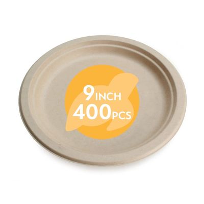 100% Compostable Disposable Paper Plates Bulk [9" 400 Pack],Bamboo Plates, Eco Friendly, Biodegradable, Sturdy Large Dinner Party Plates, Heavy-Duty, Unbleached by Earth's Natural Alternative