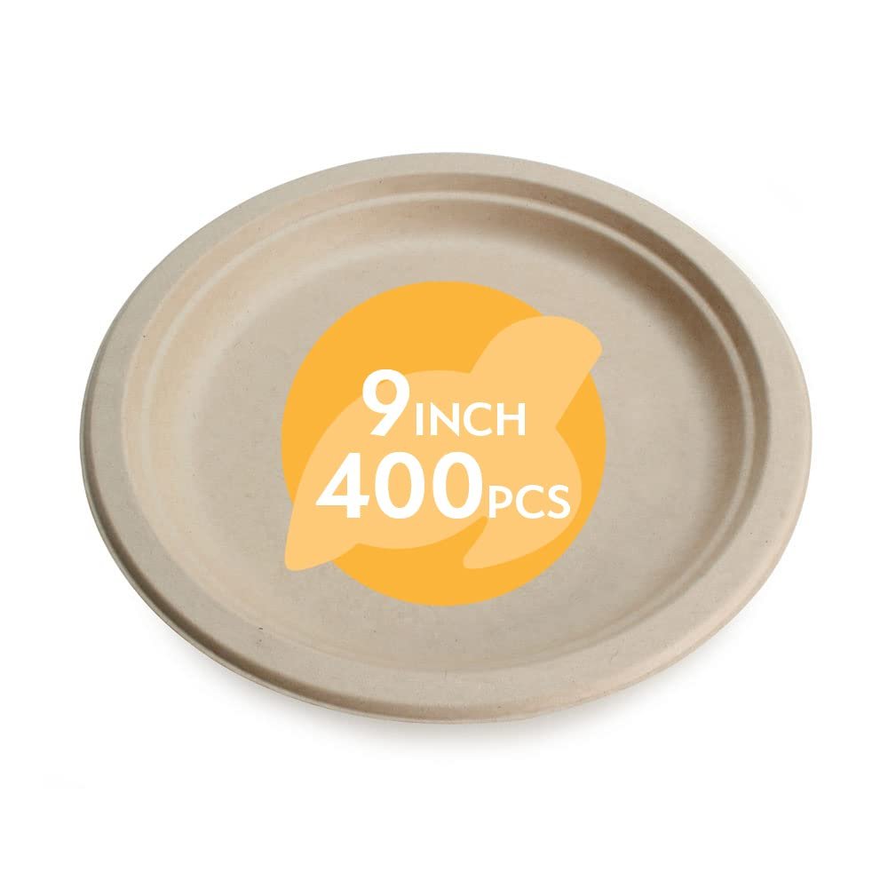 100% Compostable Disposable Paper Plates Bulk [9" 400 Pack],Bamboo Plates, Eco Friendly, Biodegradable, Sturdy Large Dinner Party Plates, Heavy-Duty, Unbleached by Earth's Natural Alternative