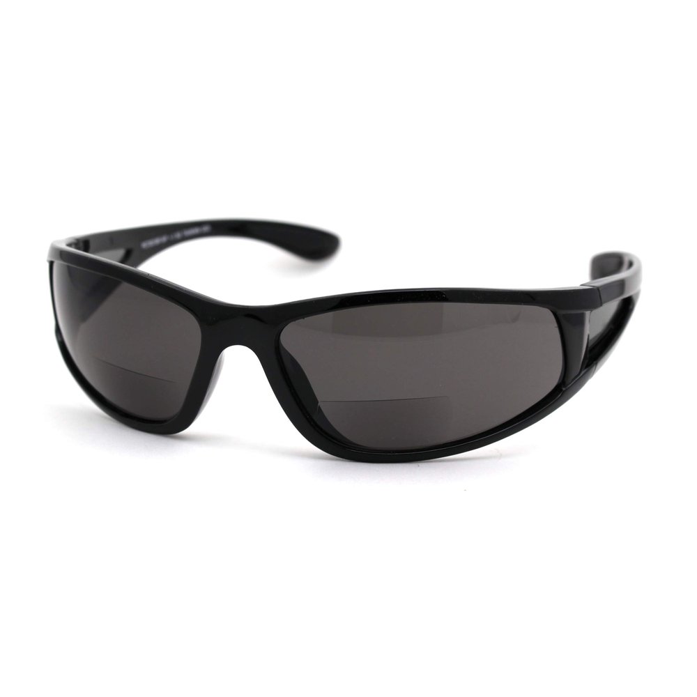 SA106 Mens 90s Classic Warparound Bifocal Reading Sunglasses Shiny Black +2.00