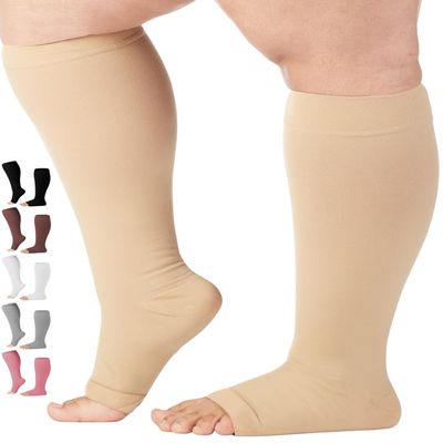 Compression Socks for Women and Men 20-30 mmHg - Extra Wide Calf Medical Compression Stockings Open Toe for Swelling, Lymphedema, Travel - Beige, 6X-Large - AB211