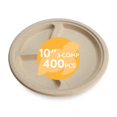 100% Compostable Disposable Paper Plates Bulk [10" 3-Comp 400 Pack], Bamboo Plates, Eco Friendly, Biodegradable, Sturdy Large Dinner Party Plates, Heavy-Duty, Unbleached by Earth's Natural Alternative