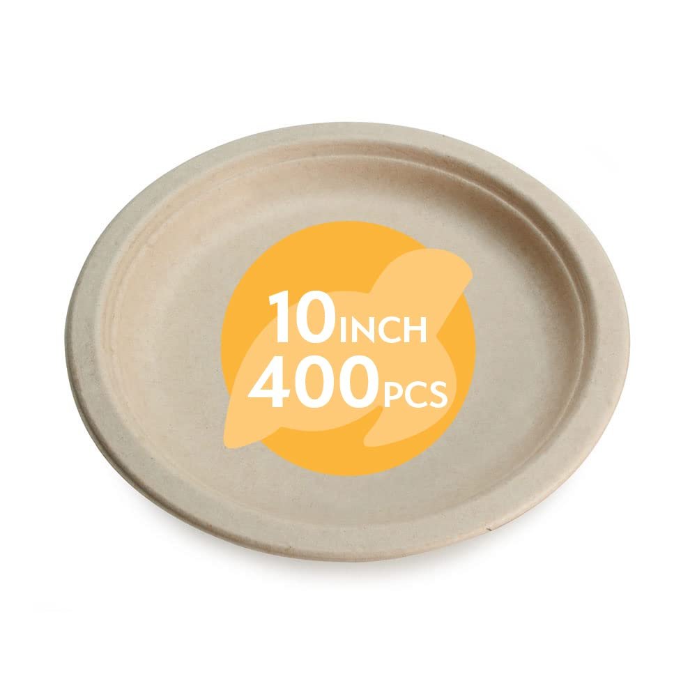 100% Compostable Disposable Paper Plates Bulk [10" 400 Pack], Bamboo Plates, Eco Friendly, Biodegradable, Sturdy Large Dinner Party Plates, Heavy-Duty, Unbleached by Earth's Natural Alternative