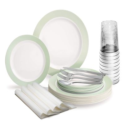 " OCCASIONS " 640 Piece set (80 Guests)-Wedding Party Disposable Plastic Plate Set -80 x 10.5'' + 80 x 7.5'' + Silverware + Cups + Napkins (Rio in White & Pearled Green)