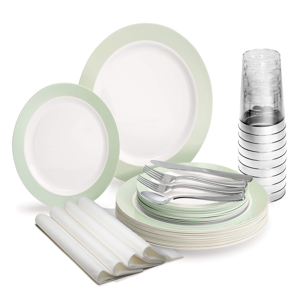" OCCASIONS " 640 Piece set (80 Guests)-Wedding Party Disposable Plastic Plate Set -80 x 10.5'' + 80 x 7.5'' + Silverware + Cups + Napkins (Rio in White & Pearled Green)