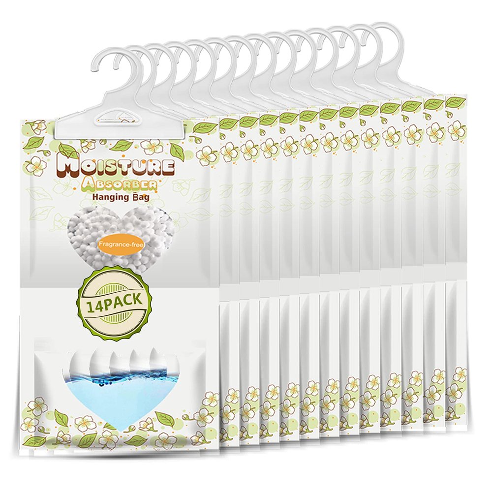 ZSPENG 14 Pack Moisture Absorber Hanging Bags,220g/Pack Fagrance Free Moisture Bag,Hanging Closet Dehumidifier Bags for Basement Closet Storeroom