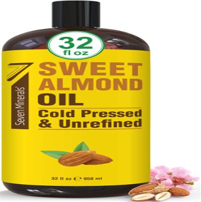 Seven Minerals, Pure Cold Pressed Sweet Almond Oil - Big 32 fl oz Bottle - Unrefined &100% Natural - For Skin & Hair, with No Added Ingredients - Perfect Carrier Oil for Essential Oils