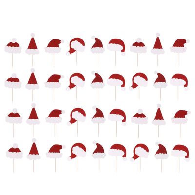 Amosfun Christmas Santa Claus Hat Cake Toppers - 36pcs Insert Cake Card Decoration Cupcake Picks Fruit Picks Dessert Toppers for Xmas Party Supply