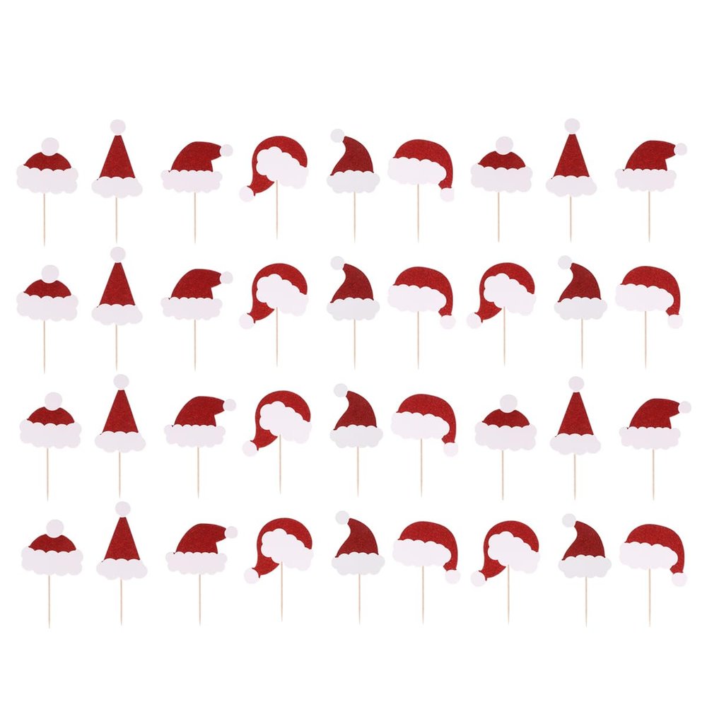 Amosfun Christmas Santa Claus Hat Cake Toppers - 36pcs Insert Cake Card Decoration Cupcake Picks Fruit Picks Dessert Toppers for Xmas Party Supply