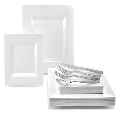 " OCCASIONS " 640pcs set (80 Guests)-Heavyweight Wedding Party Disposable Plastic Plate Set -80 x 9.5'' + 80 x 6.5'' + Silver Silverware + Clear Cups + 3PLY Napkins (Square White)