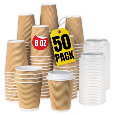 1InTheHome 8oz Disposable Coffee Cups With Lids - Insulated Paper Cups, Ripple Wall, 50 Pack