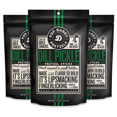 Pop Daddy Flavored Pretzels Sticks, Healthy Gourmet Pretzels Snacks, 7.5oz Individual Bags, 3 Pack, Dill Pickle