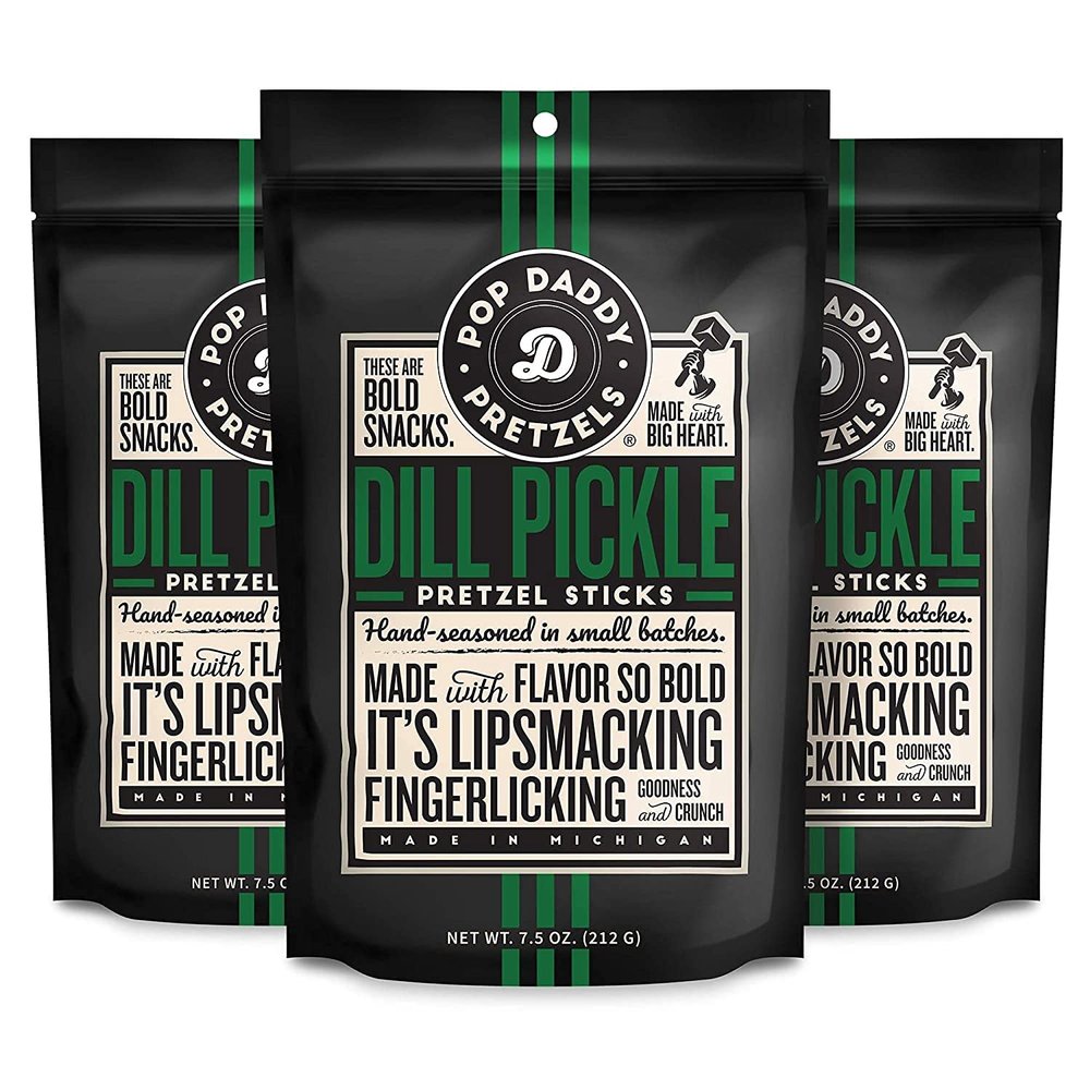Pop Daddy Flavored Pretzels Sticks, Healthy Gourmet Pretzels Snacks, 7.5oz Individual Bags, 3 Pack, Dill Pickle