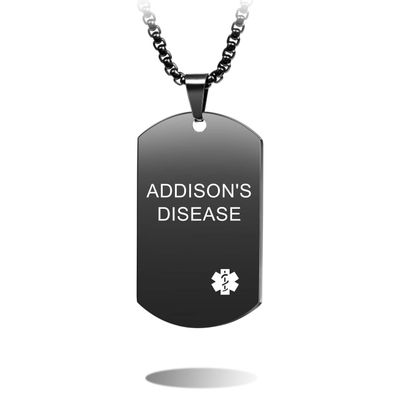 MOWOM Medical Dog Tag Pendant Necklace Custom Engraved Alert Stainless Steel - Bundle with 5 Items: Emergency Card, Sleeve, 2 Chains, Silencer (Black Addison's Disease)