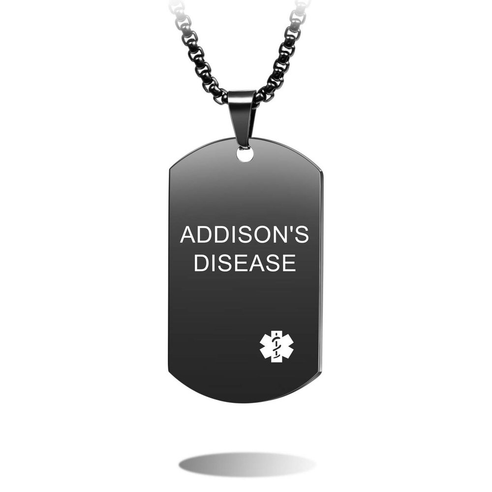 MOWOM Medical Dog Tag Pendant Necklace Custom Engraved Alert Stainless Steel - Bundle with 5 Items: Emergency Card, Sleeve, 2 Chains, Silencer (Black Addison's Disease)