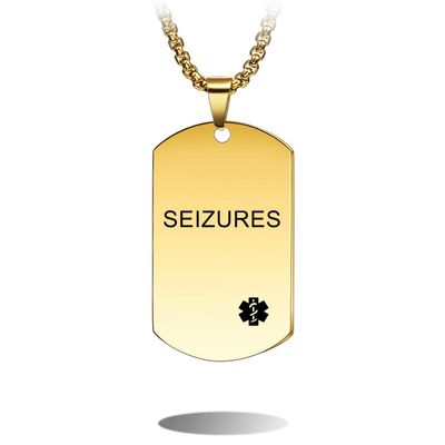 MOWOM Medical Dog Tag Pendant Necklace Custom Engraved Alert for Men Women Stainless Steel - Bundle with 5 Items: Emergency Card, Sleeve, 2 Inches Extension Chain, Silencer (Blue Seizures)