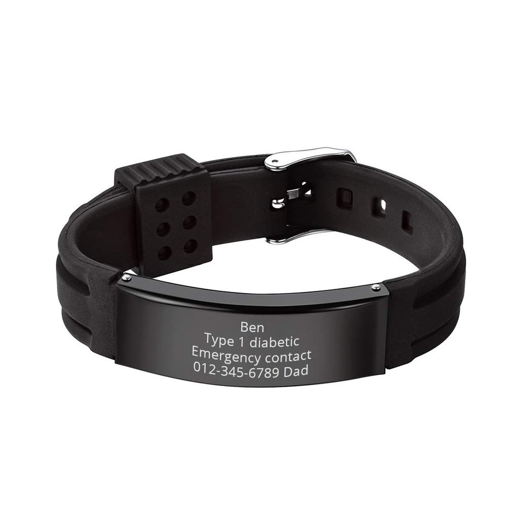 Supcare Free Engraving Silicone Adjustable Medical Bracelets Sport Emergency ID Bracelets for Men Women Waterproof Stainless Steel Rubber Alert Bracelets