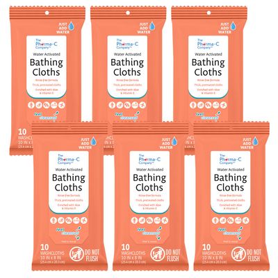 The Pharma-C Company - Water-Activated Bathing Cloths [6 pack - 10ct packs]  Rinse-Free XL Body Wipes for Adults. Pretreated Disposable Bath Wipe for Elderly, Hospice, Camping.