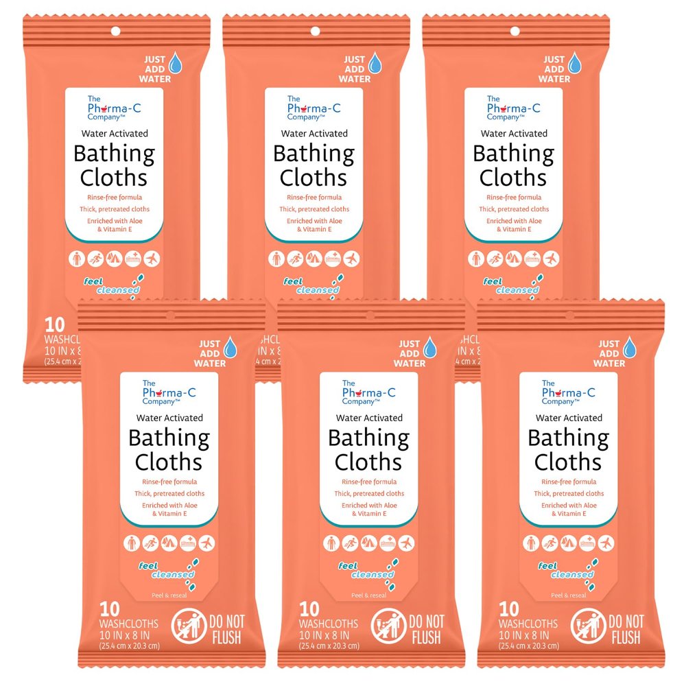 The Pharma-C Company - Water-Activated Bathing Cloths [6 pack - 10ct packs]  Rinse-Free XL Body Wipes for Adults. Pretreated Disposable Bath Wipe for Elderly, Hospice, Camping.