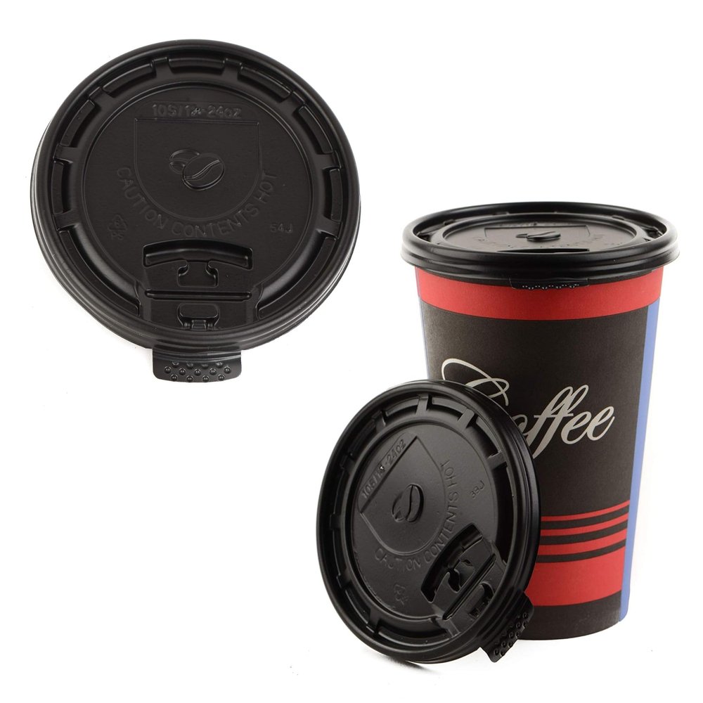 [150 Pack] Black Flat Tear Back Lids for Hot Cup, Coffee, Paper - Universal Size Fits 10,12,16,20oz Disposable Cups - Black Coffee Lids Standard 90mm