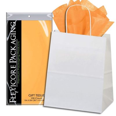 Flexicore Packaging White Kraft Paper Gift Bags & Peach Orange Gift Wrap Tissue Paper Size: 8 Inch X 4.75 Inch X 10.5 Inch | Count: 50 Bags | Color: Peach