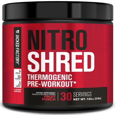 Jacked Factory NITROSURGE Shred Pre Workout Supplement - Energy Booster, Instant Strength Gains, Sharp Focus, Powerful Pumps - Nitric Oxide Booster & PreWorkout Powder - 30Sv, Fruit Punch
