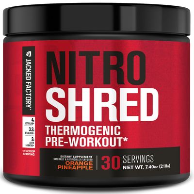 Jacked Factory NITROSURGE Shred Pre Workout Supplement - Energy Booster, Instant Strength Gains, Sharp Focus, Powerful Pumps - Nitric Oxide Booster & PreWorkout Powder - 30Sv, Orange Pineapple