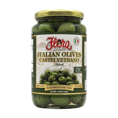 Flora Foods Italian Olives Castelvetrano Pitted | Sicilian Olives | 19 oz (530g) | 100% Italian | All Natural | Non GMO | Fresh Harvest